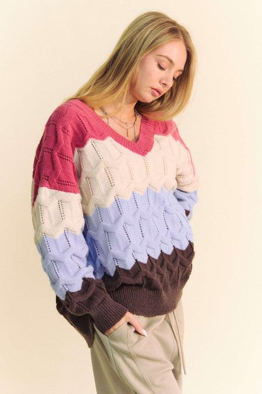 Wavy Texture Color Block V-Neck Sweater - Wildflower Hippies