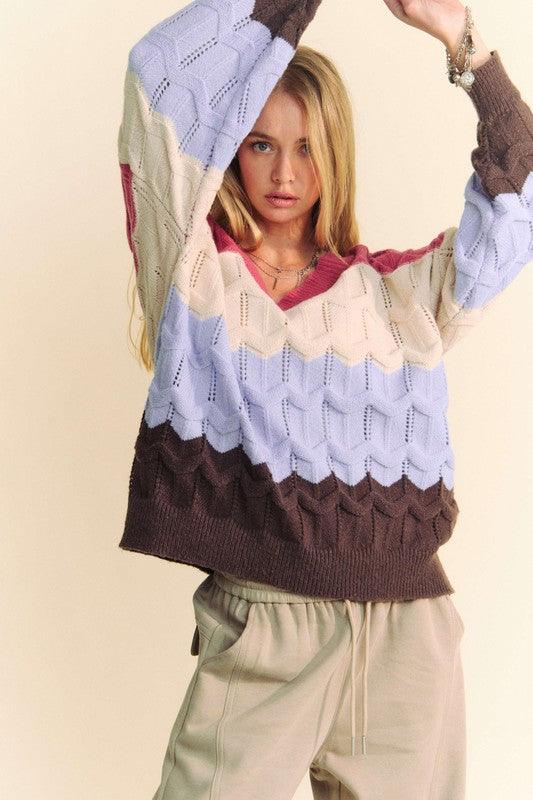 Wavy Texture Color Block V-Neck Sweater - Wildflower Hippies