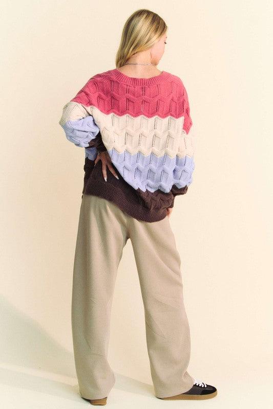 Wavy Texture Color Block V-Neck Sweater - Wildflower Hippies