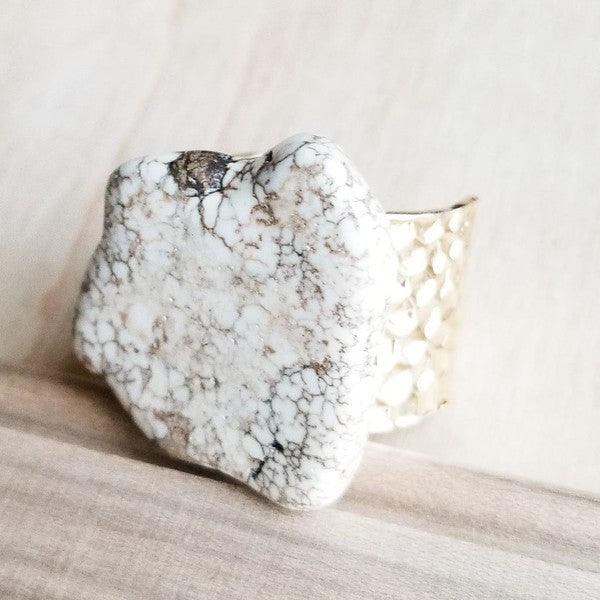 White Turquoise Slab on Hammered Gold Ring Base - Wildflower Hippies