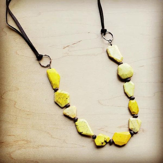 Yellow Turquoise Stone Necklace w/ Leather Ties - Wildflower Hippies