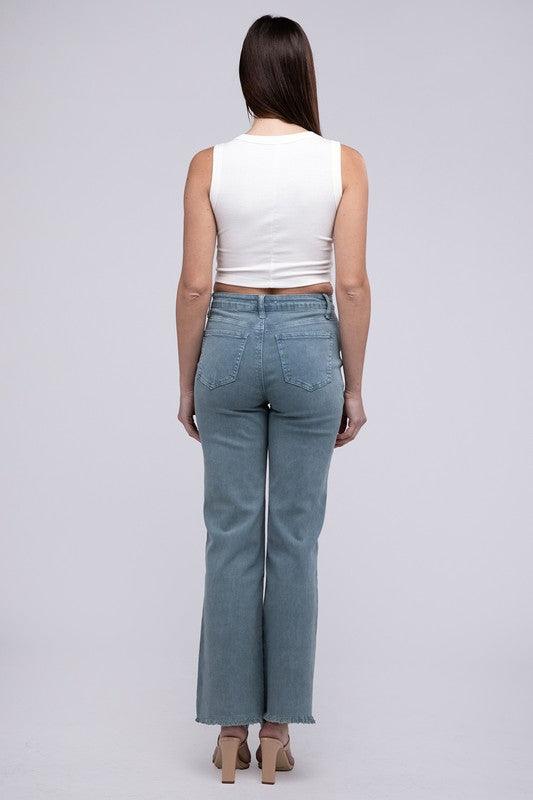 Zenana Acid Washed Frayed Cutoff Hem Straight Wide Pants - Wildflower Hippies