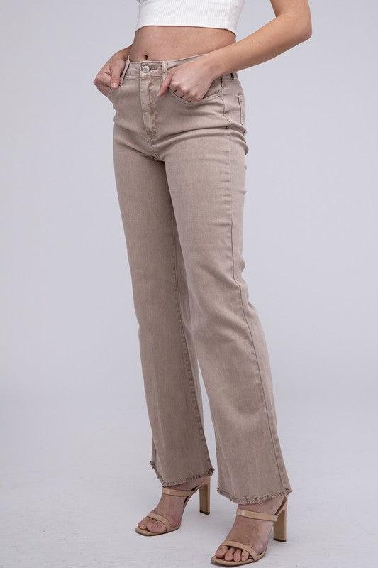 Zenana Acid Washed Frayed Cutoff Hem Straight Wide Pants - Wildflower Hippies