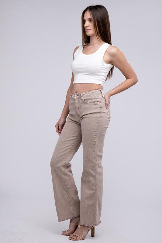 Zenana Acid Washed Frayed Cutoff Hem Straight Wide Pants - Wildflower Hippies