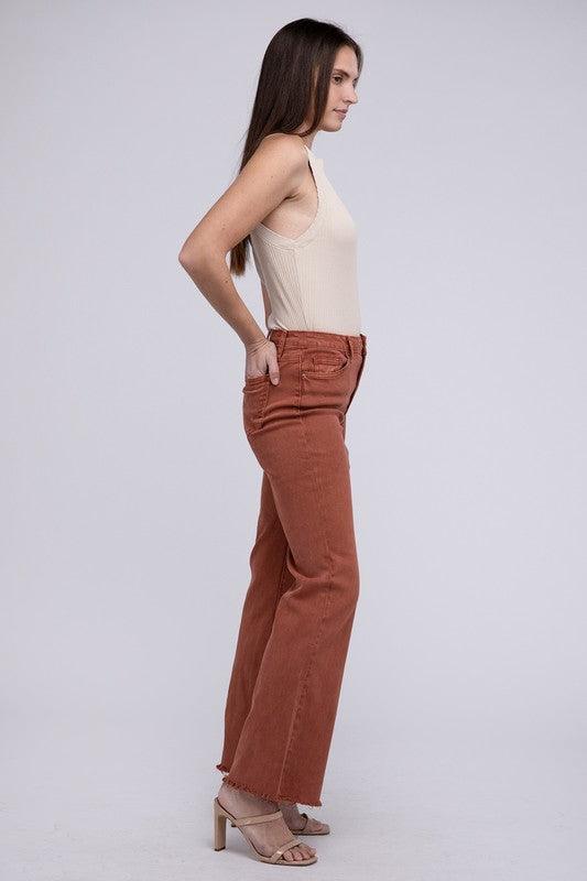 Zenana Acid Washed Frayed Cutoff Hem Straight Wide Pants - Wildflower Hippies