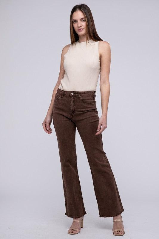 Zenana Acid Washed Frayed Cutoff Hem Straight Wide Pants - Wildflower Hippies