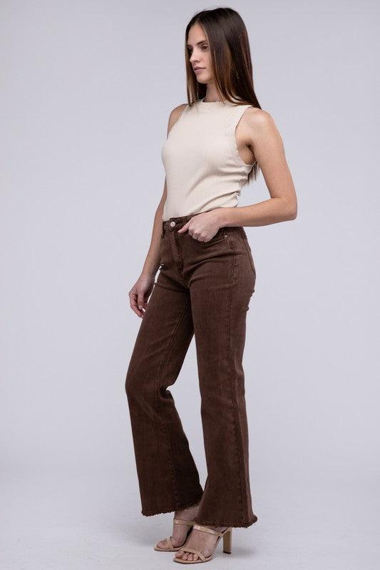 Zenana Acid Washed Frayed Cutoff Hem Straight Wide Pants - Wildflower Hippies