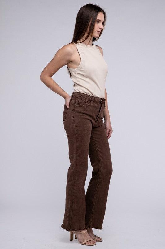 Zenana Acid Washed Frayed Cutoff Hem Straight Wide Pants - Wildflower Hippies