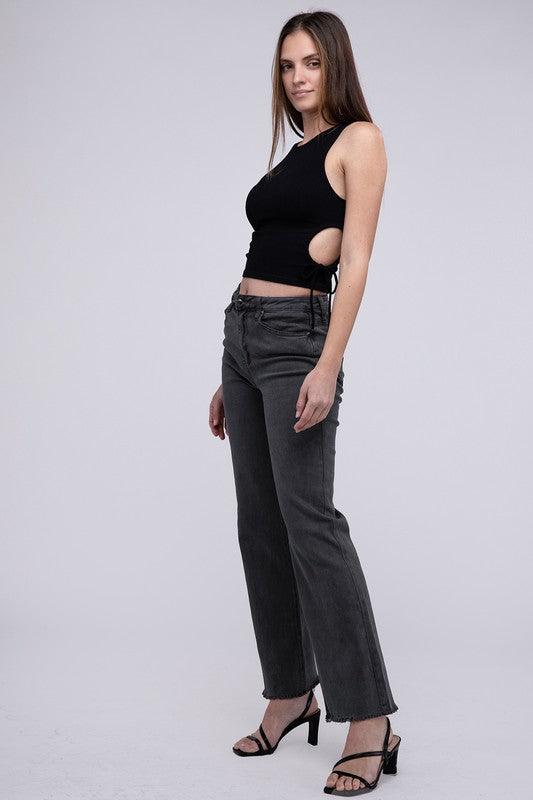 Zenana Acid Washed Frayed Cutoff Hem Straight Wide Pants - Wildflower Hippies