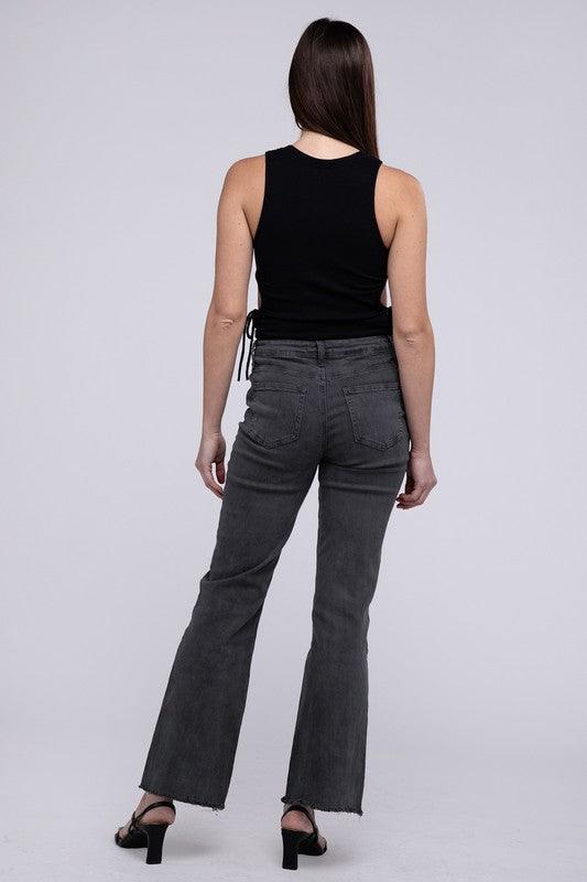 Zenana Acid Washed Frayed Cutoff Hem Straight Wide Pants - Wildflower Hippies