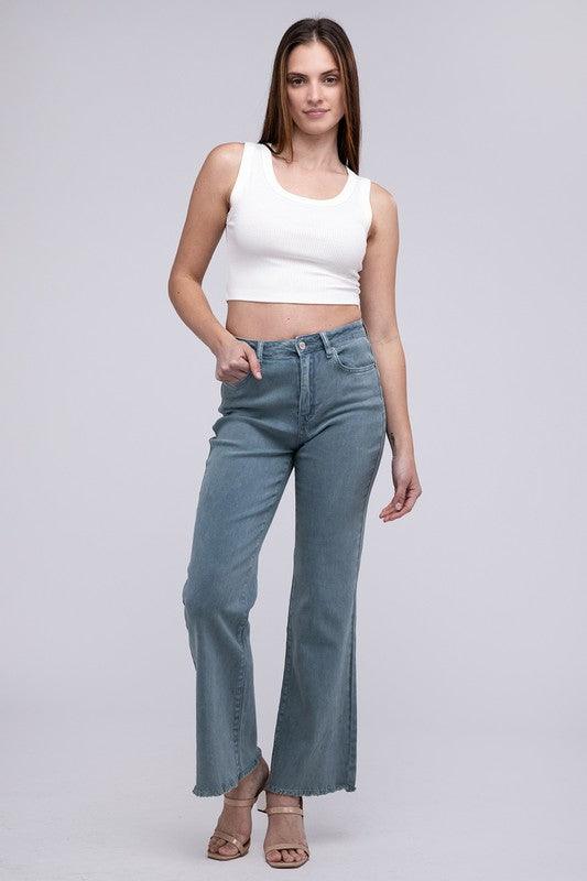 Zenana Acid Washed Frayed Cutoff Hem Straight Wide Pants - Wildflower Hippies