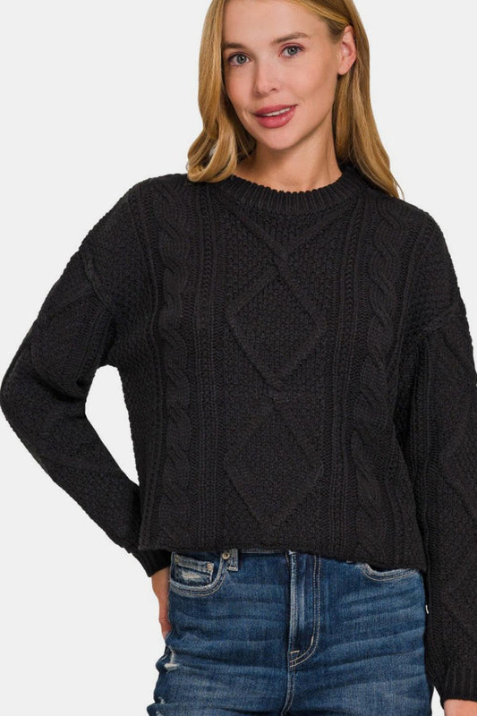 Zenana Cropped High Low Cable Sweater with Side Slits - Wildflower Hippies