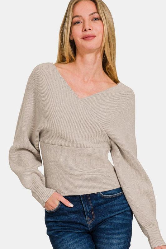 Zenana Cross Wrap Rib Long Sleeve Sweater - Wildflower Hippies