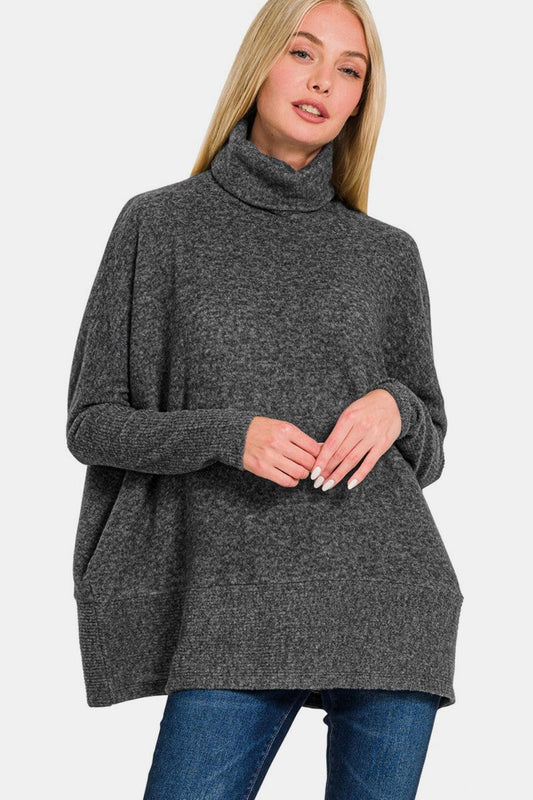 Zenana Full Size Brushed Melange Hacci Turtleneck Sweater - Wildflower Hippies