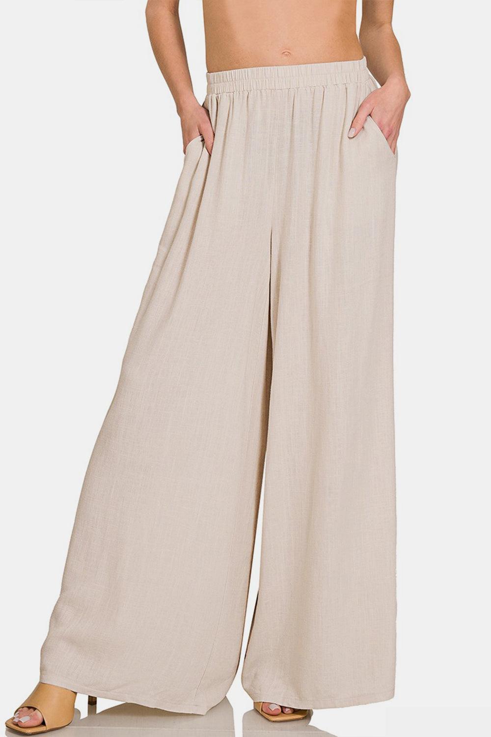 Zenana Pleated Linen Blend Wide Leg Pants - Wildflower Hippies