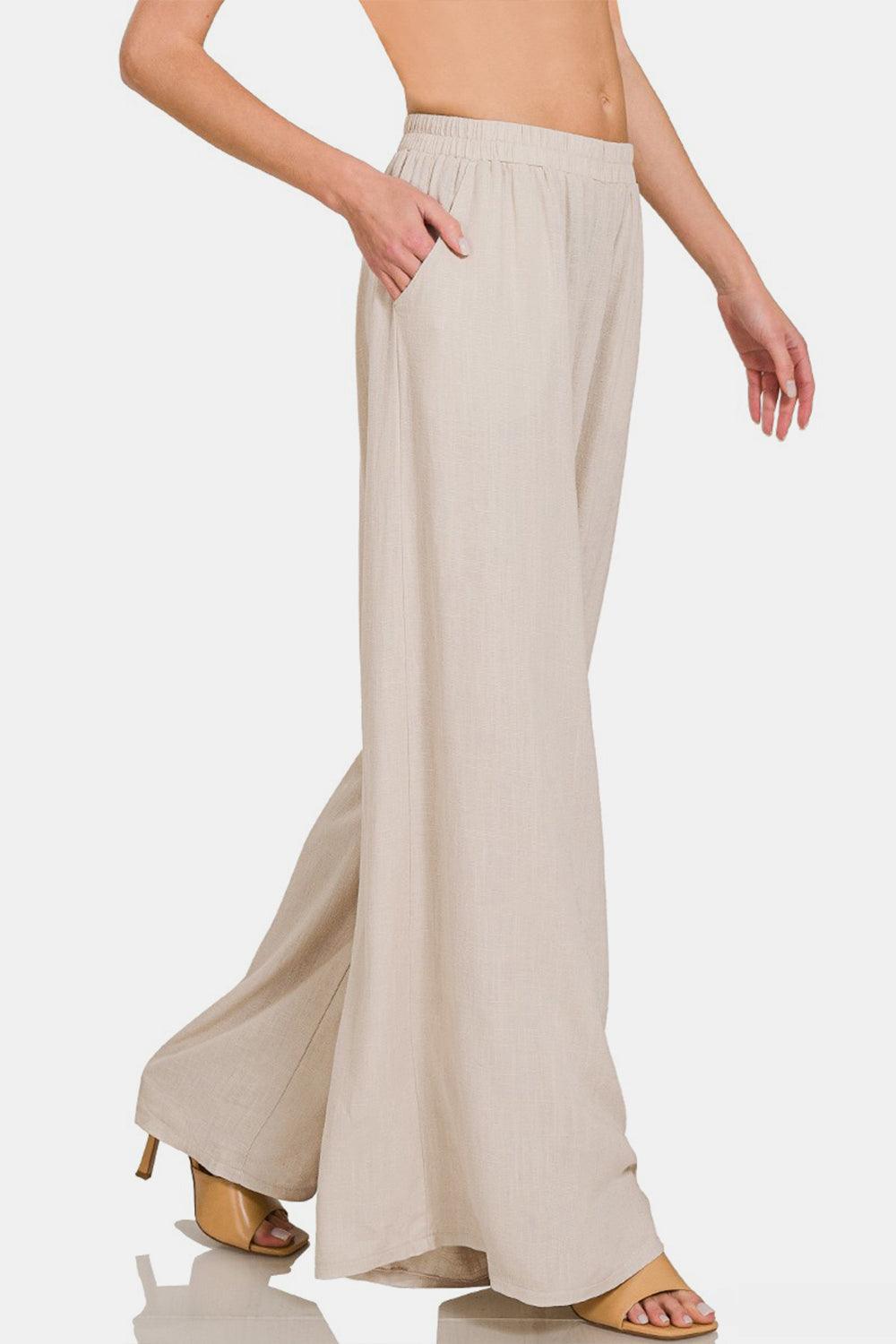 Zenana Pleated Linen Blend Wide Leg Pants - Wildflower Hippies