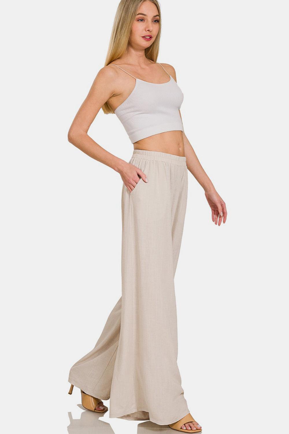 Zenana Pleated Linen Blend Wide Leg Pants - Wildflower Hippies