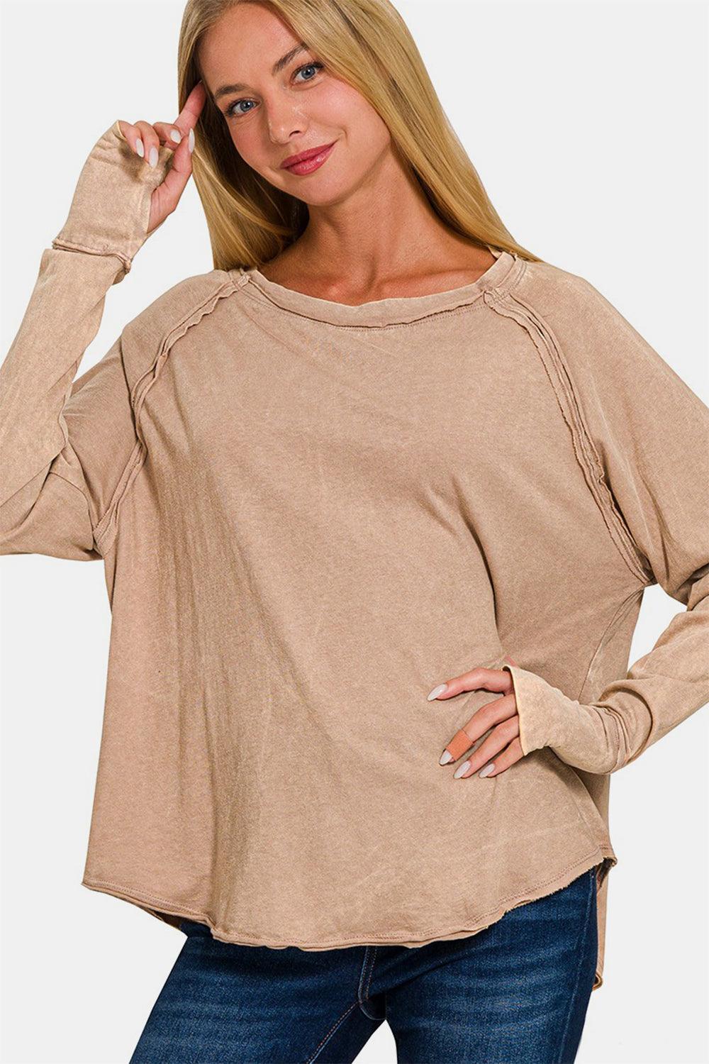 Zenana Round Neck Thumbhole Long Sleeve T-Shirt - Wildflower Hippies