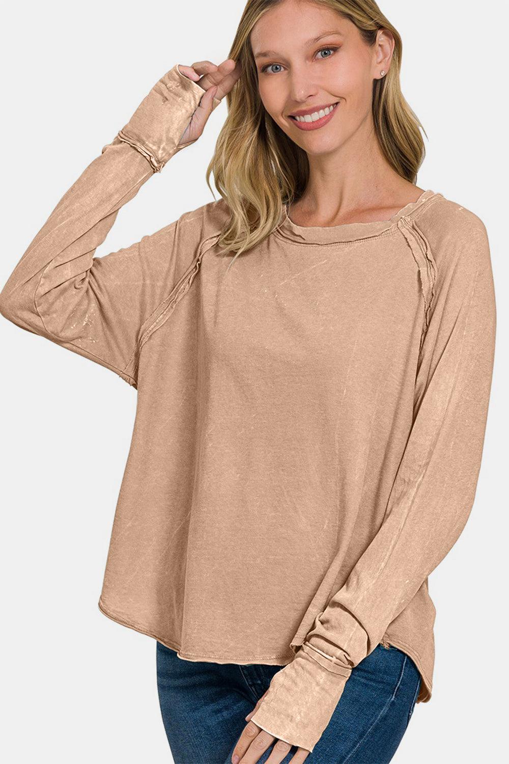 Zenana Round Neck Thumbhole Long Sleeve T-Shirt - Wildflower Hippies