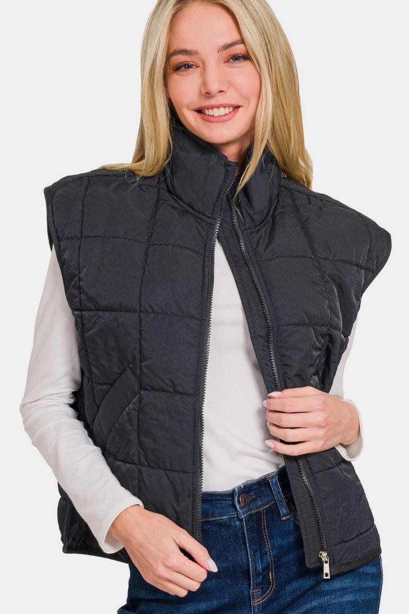 Zenana Zip Up Cropped Puffer Vest with Pockets - Wildflower Hippies