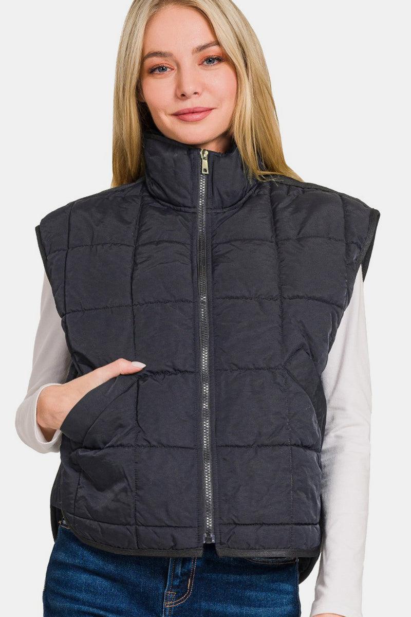 Zenana Zip Up Cropped Puffer Vest with Pockets - Wildflower Hippies