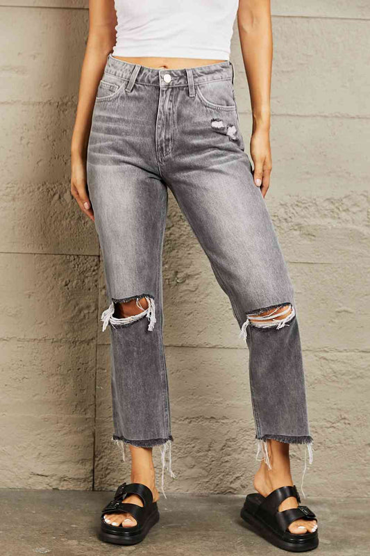 BAYEAS Stone Wash Distressed Cropped Straight Jeans