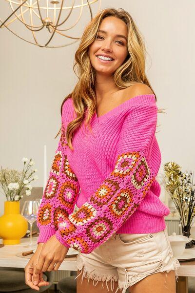 BiBi V-Neck Crochet Long Sleeve Sweater - Wildflower Hippies