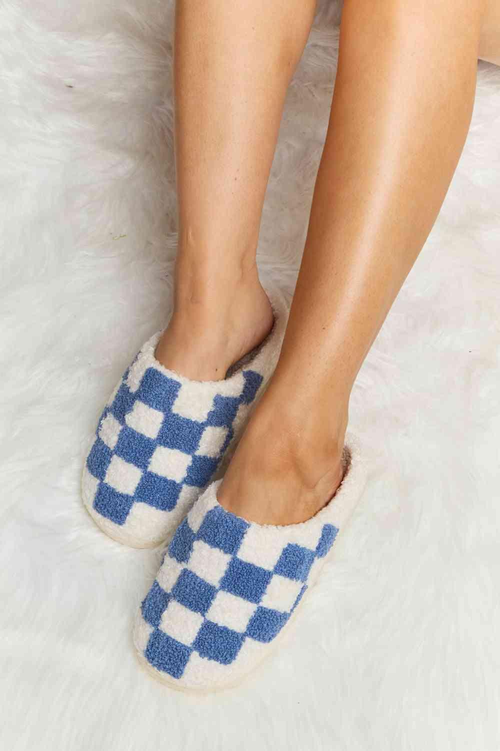 Checkered Print Plush Slide Slippers - Wildflower Hippies