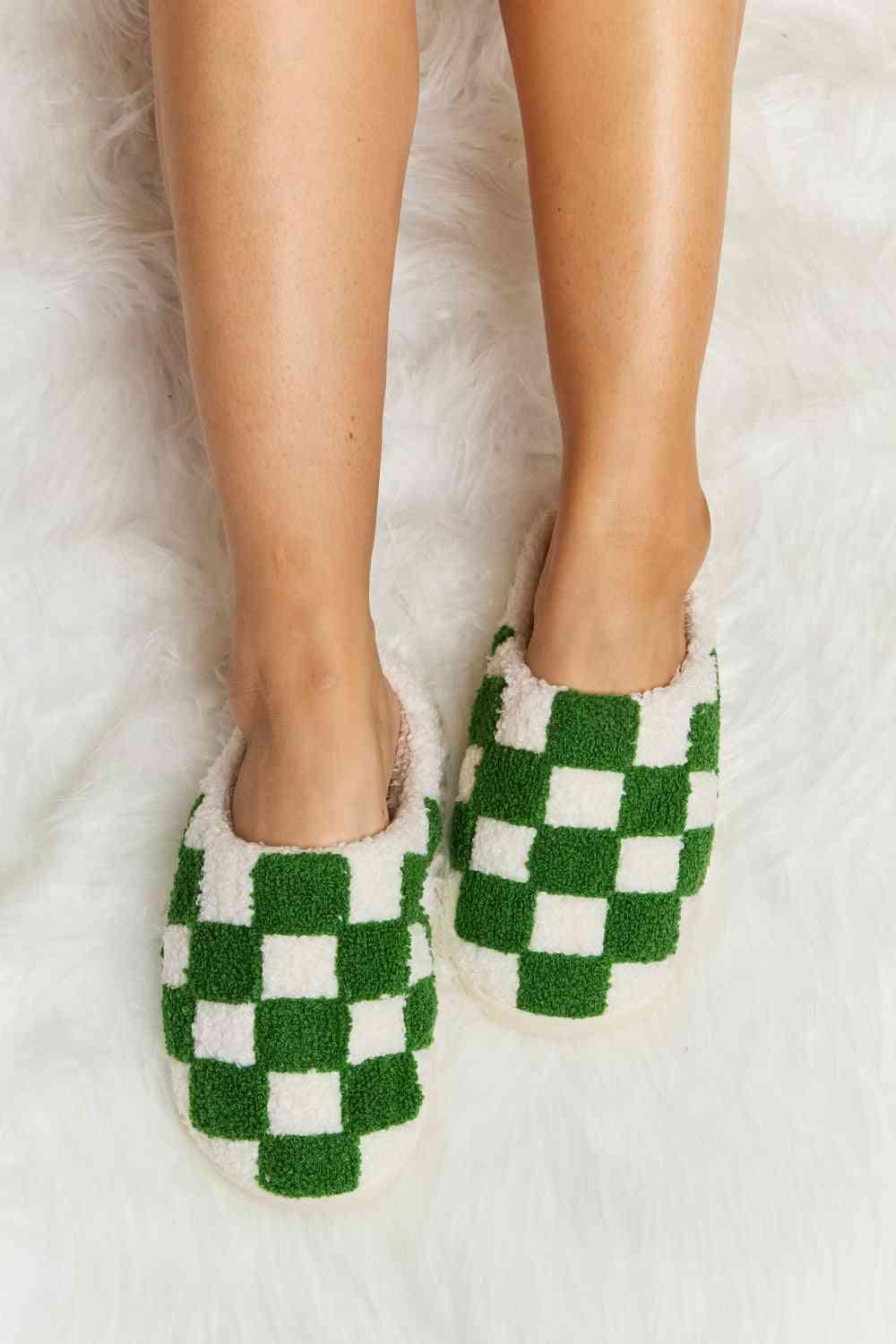 Checkered Print Plush Slide Slippers - Wildflower Hippies