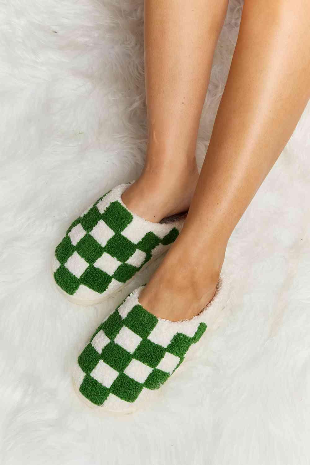 Checkered Print Plush Slide Slippers - Wildflower Hippies