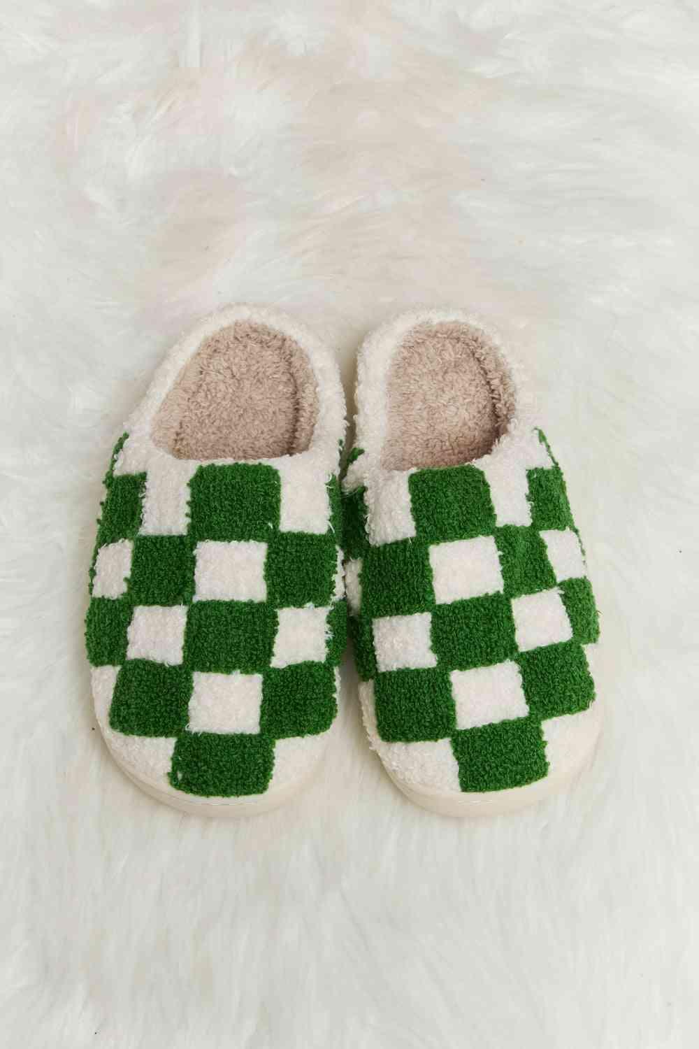 Checkered Print Plush Slide Slippers - Wildflower Hippies