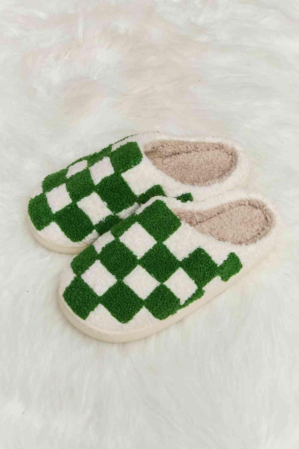 Checkered Print Plush Slide Slippers - Wildflower Hippies