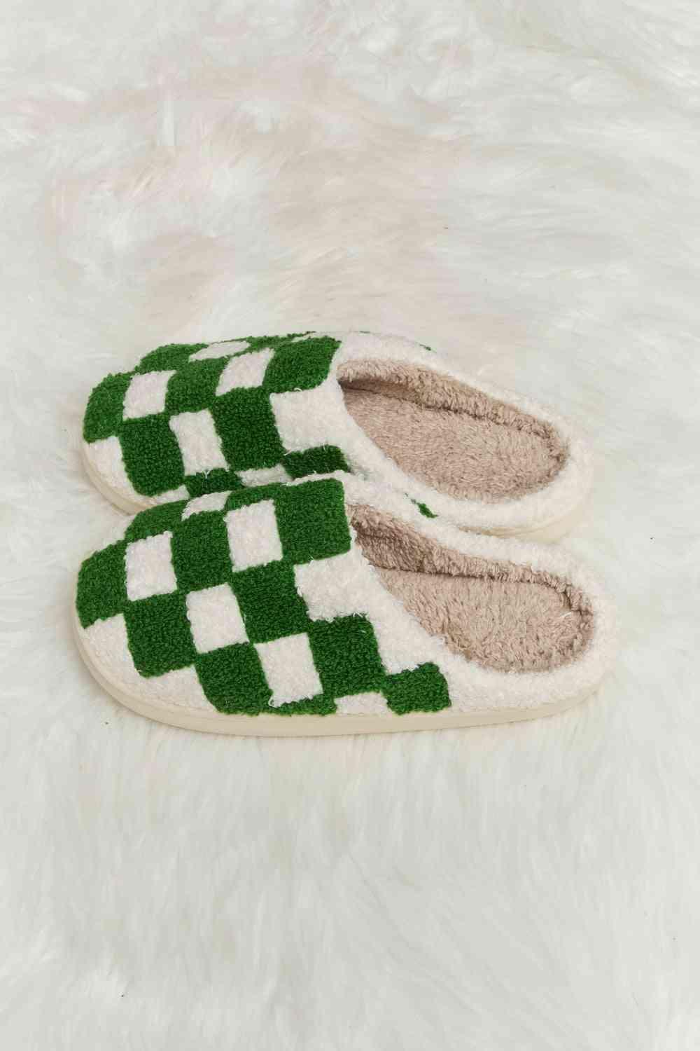 Checkered Print Plush Slide Slippers - Wildflower Hippies