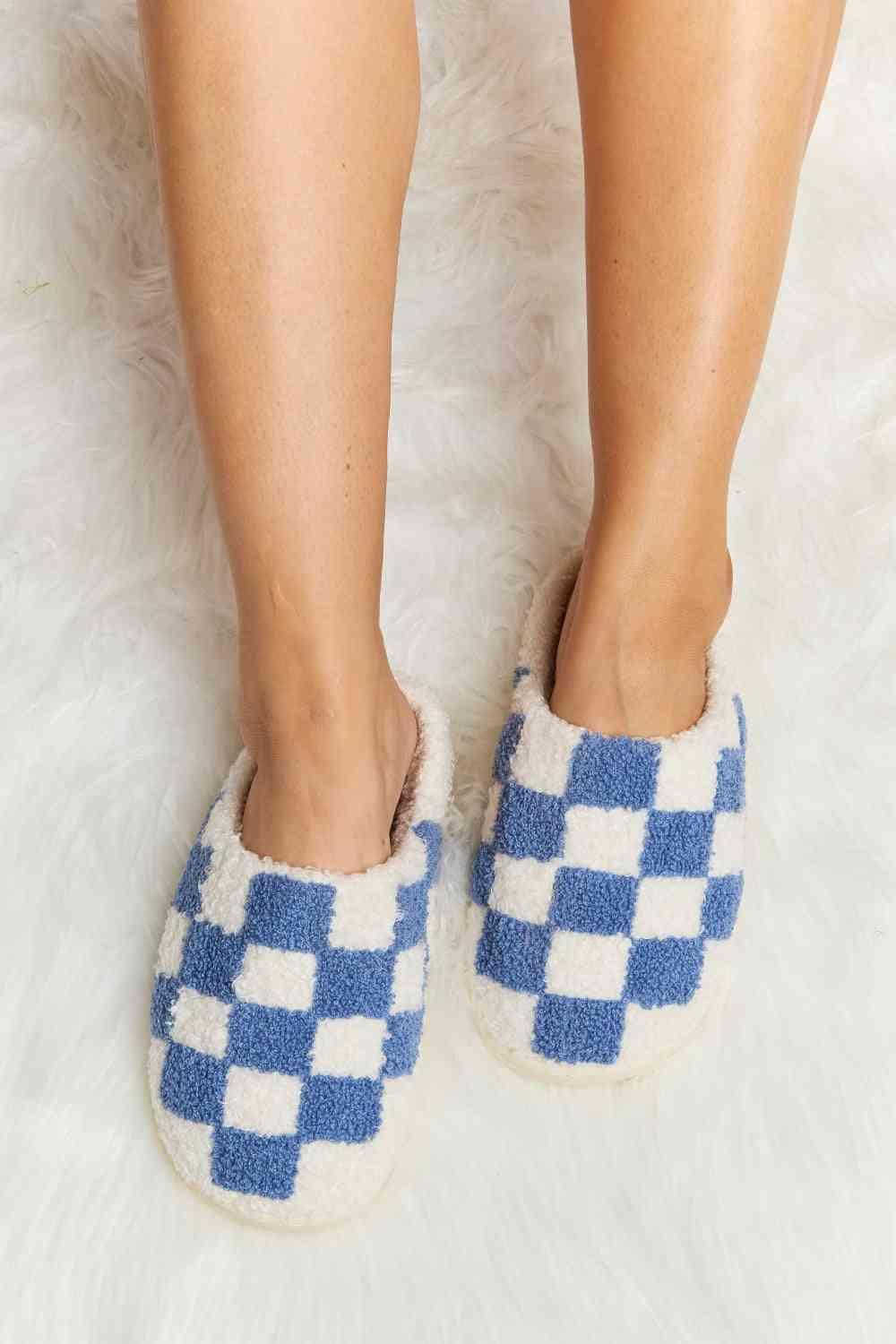 Checkered Print Plush Slide Slippers - Wildflower Hippies