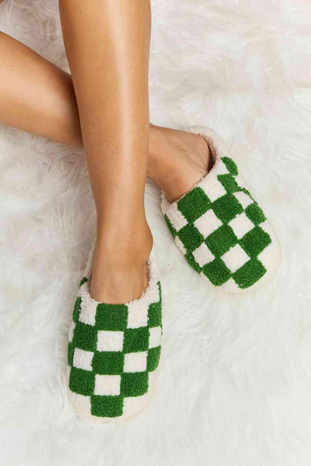 Checkered Print Plush Slide Slippers - Wildflower Hippies