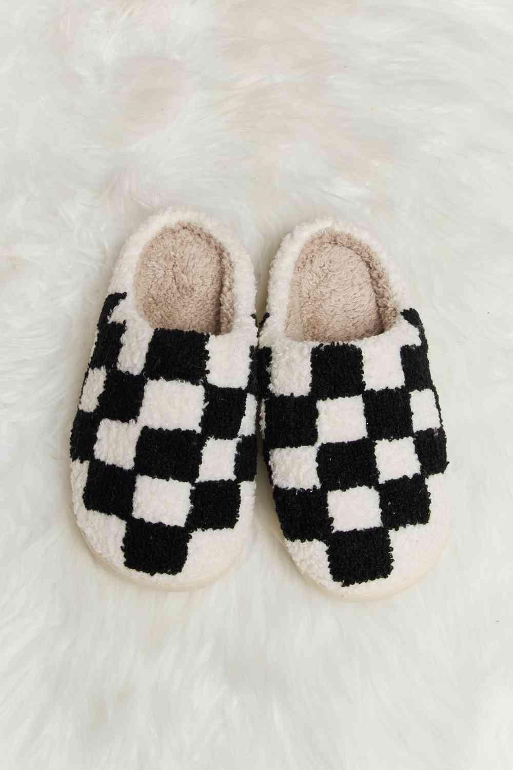 Checkered Print Plush Slide Slippers - Wildflower Hippies