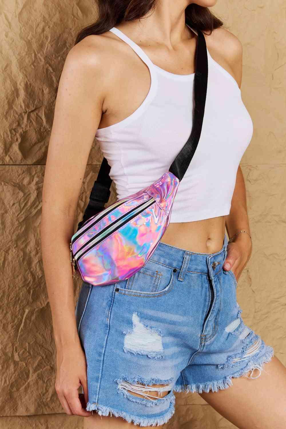 Fame Good Vibrations Holographic Double Zipper Fanny Pack in Hot Pink - Wildflower Hippies