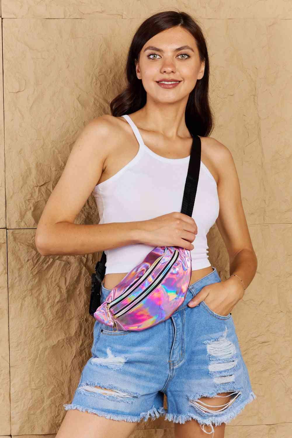 Fame Good Vibrations Holographic Double Zipper Fanny Pack in Hot Pink - Wildflower Hippies