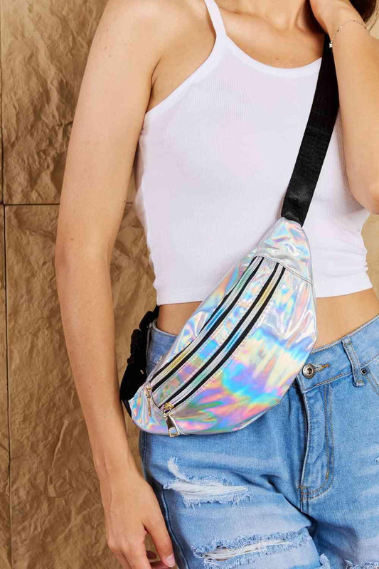 Fame Good Vibrations Holographic Double Zipper Fanny Pack in Silver - Wildflower Hippies