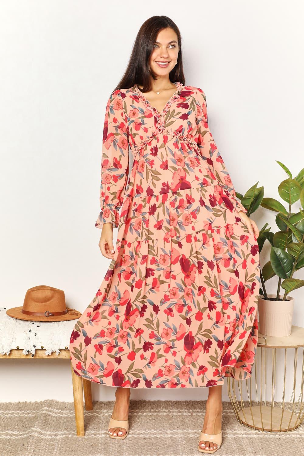 Double Take Floral Frill Trim Flounce Sleeve Plunge Maxi Dress - Wildflower Hippies