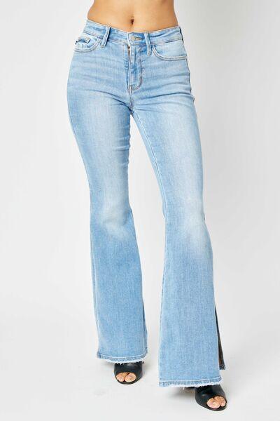 Judy Blue Full Size Mid Rise Raw Hem Slit Flare Jeans - Wildflower Hippies