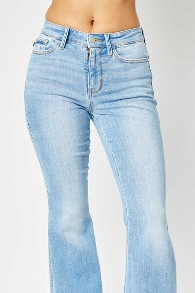 Judy Blue Full Size Mid Rise Raw Hem Slit Flare Jeans - Wildflower Hippies