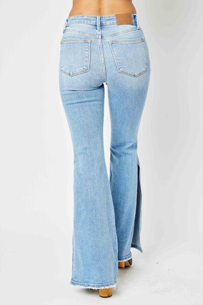 Judy Blue Full Size Mid Rise Raw Hem Slit Flare Jeans - Wildflower Hippies