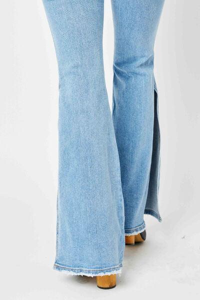 Judy Blue Full Size Mid Rise Raw Hem Slit Flare Jeans - Wildflower Hippies