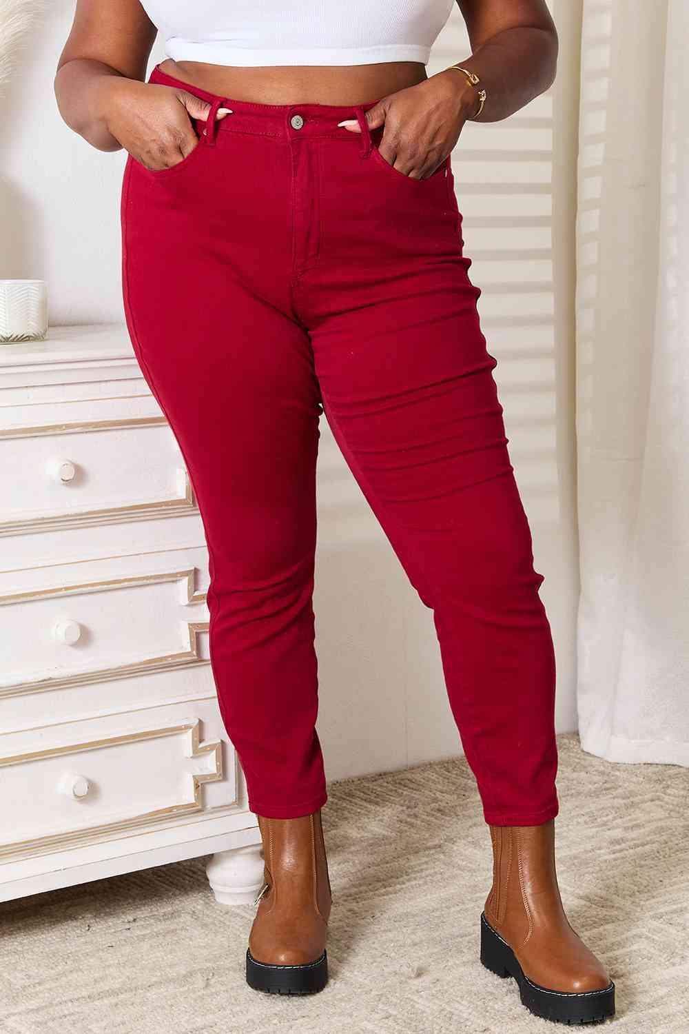 Judy Blue High Waist Tummy Control Skinny Jeans Deep Red - Wildflower Hippies