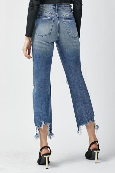 RISEN High Waist Distressed Frayed Hem Cropped Straight Jeans - Wildflower Hippies