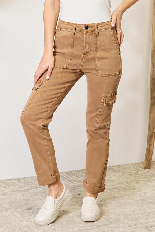 Risen High Waist Straight Jeans with Pockets in Cocoa - Wildflower Hippies