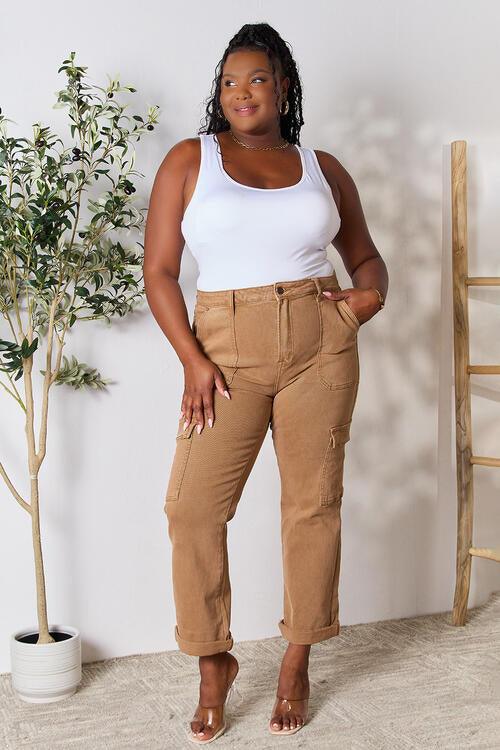 Risen High Waist Straight Jeans with Pockets in Cocoa - Wildflower Hippies