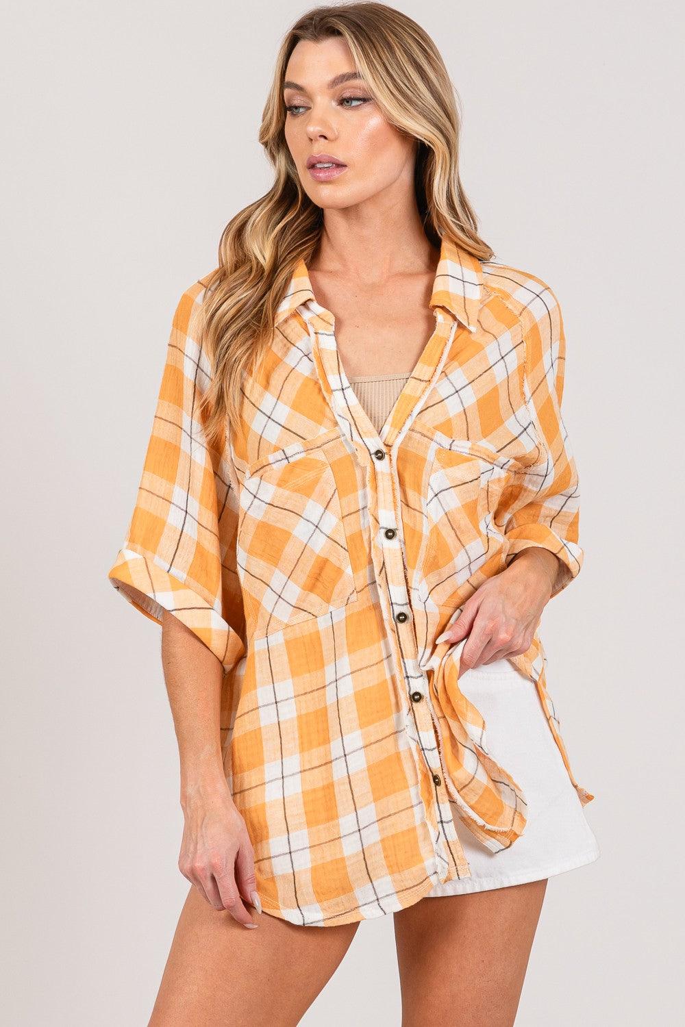 Sage + Fig Plaid Button Up Side Slit Shirt - Wildflower Hippies