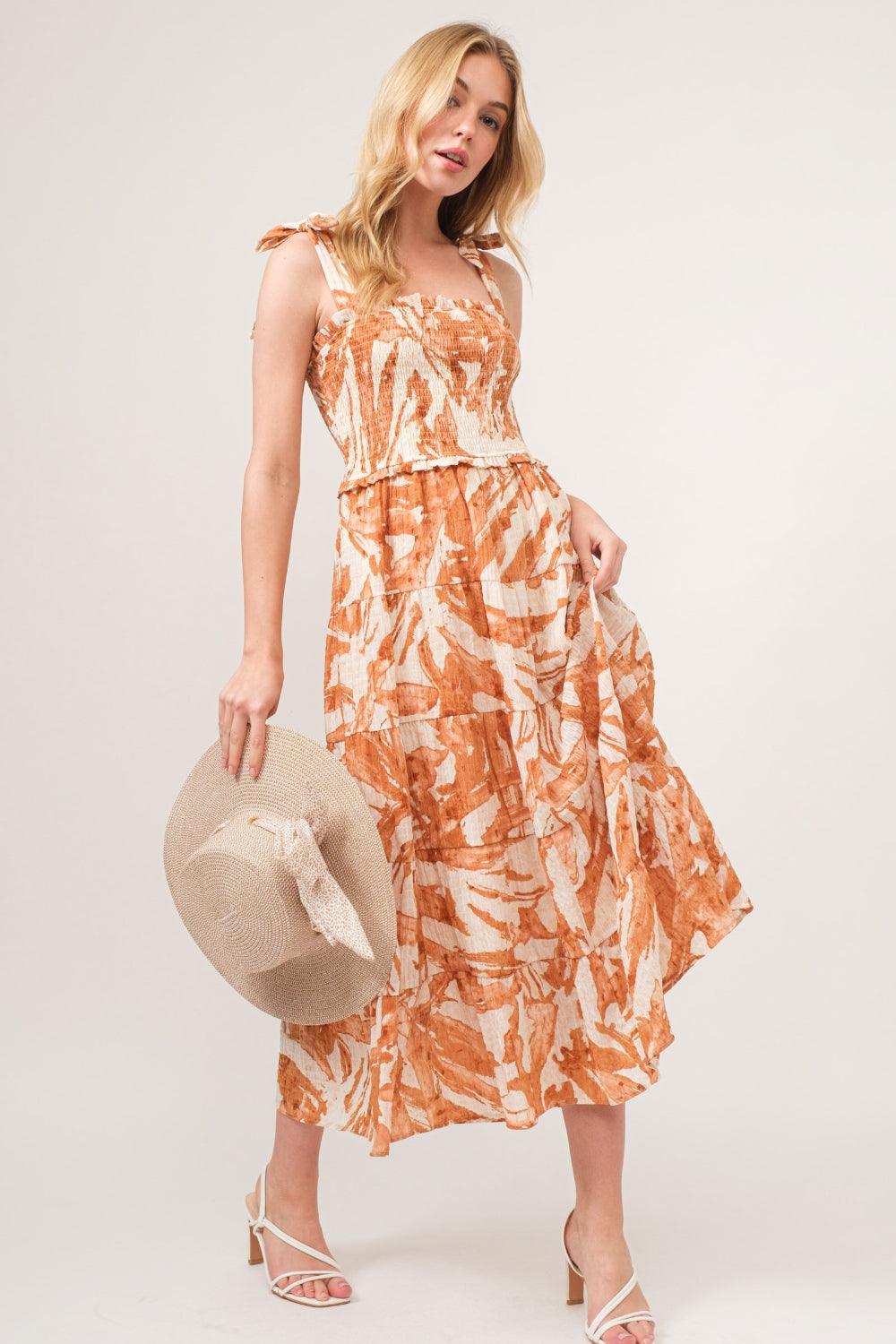 And The Why Tie Shoulder Smocked Midi Tiered Dress - Wildflower Hippies